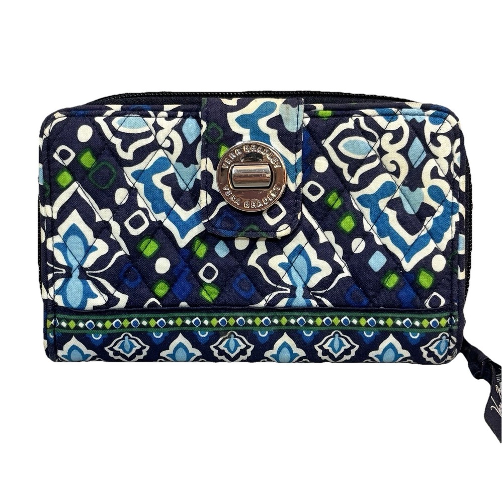 Vera‎ Bradley Ink Blue Turn Lock Wallet Clutch ID Card Storage Zip Blue Green